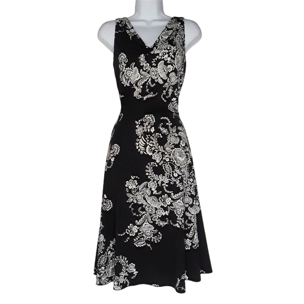 JONATHAN MARTIN Black & White Floral Sleeveless Cowl Neck A-line Medium